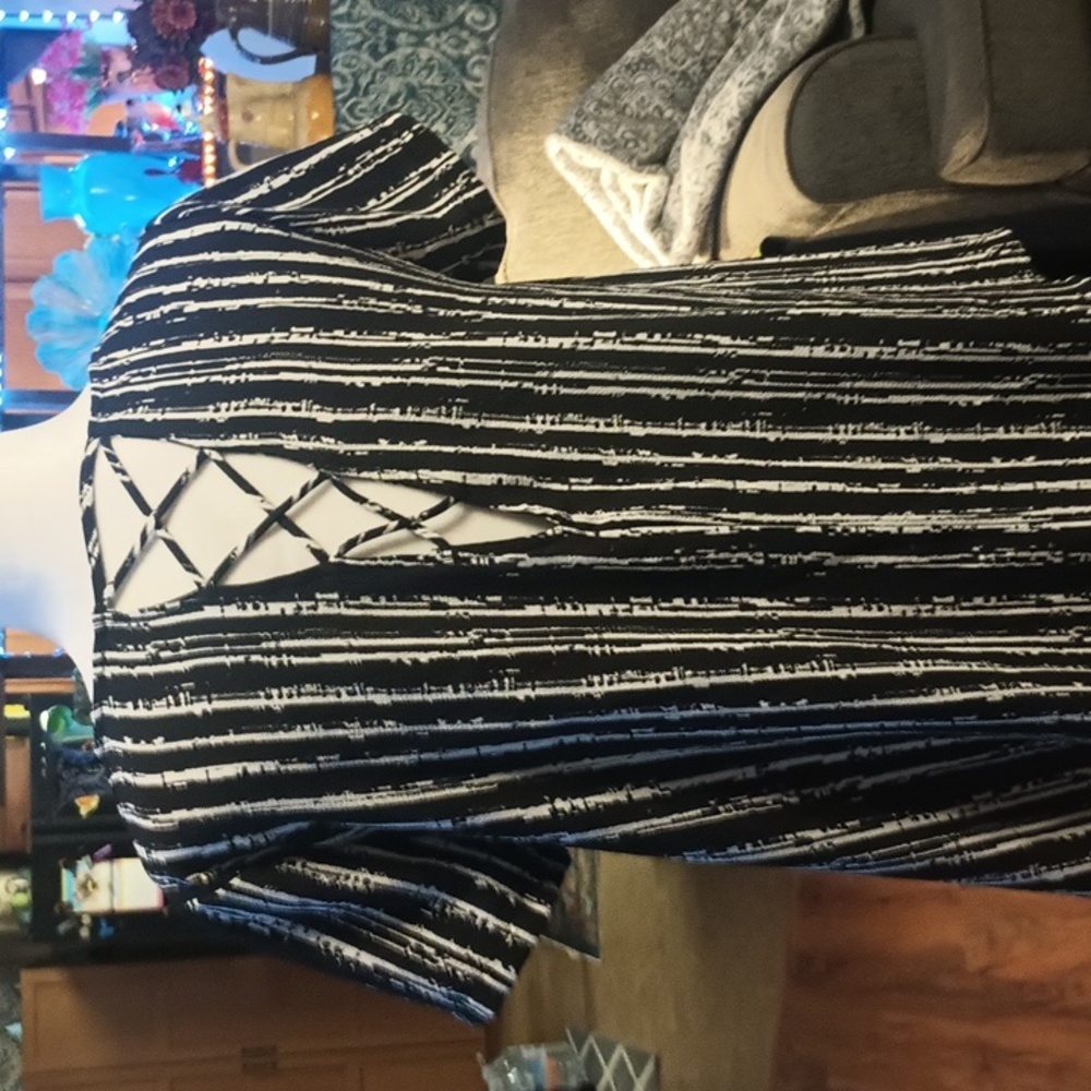 A Blouse By Lush Black and White Striped Top with Lace-Up Back.